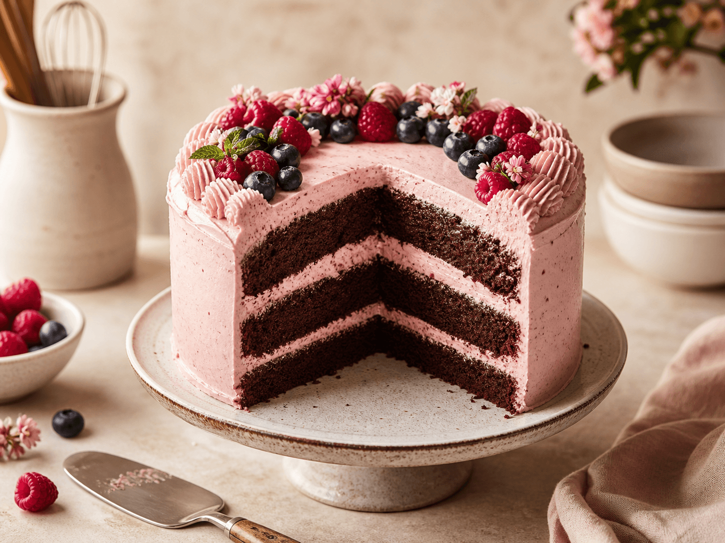 Berry frosted celebration cake with a sliced section