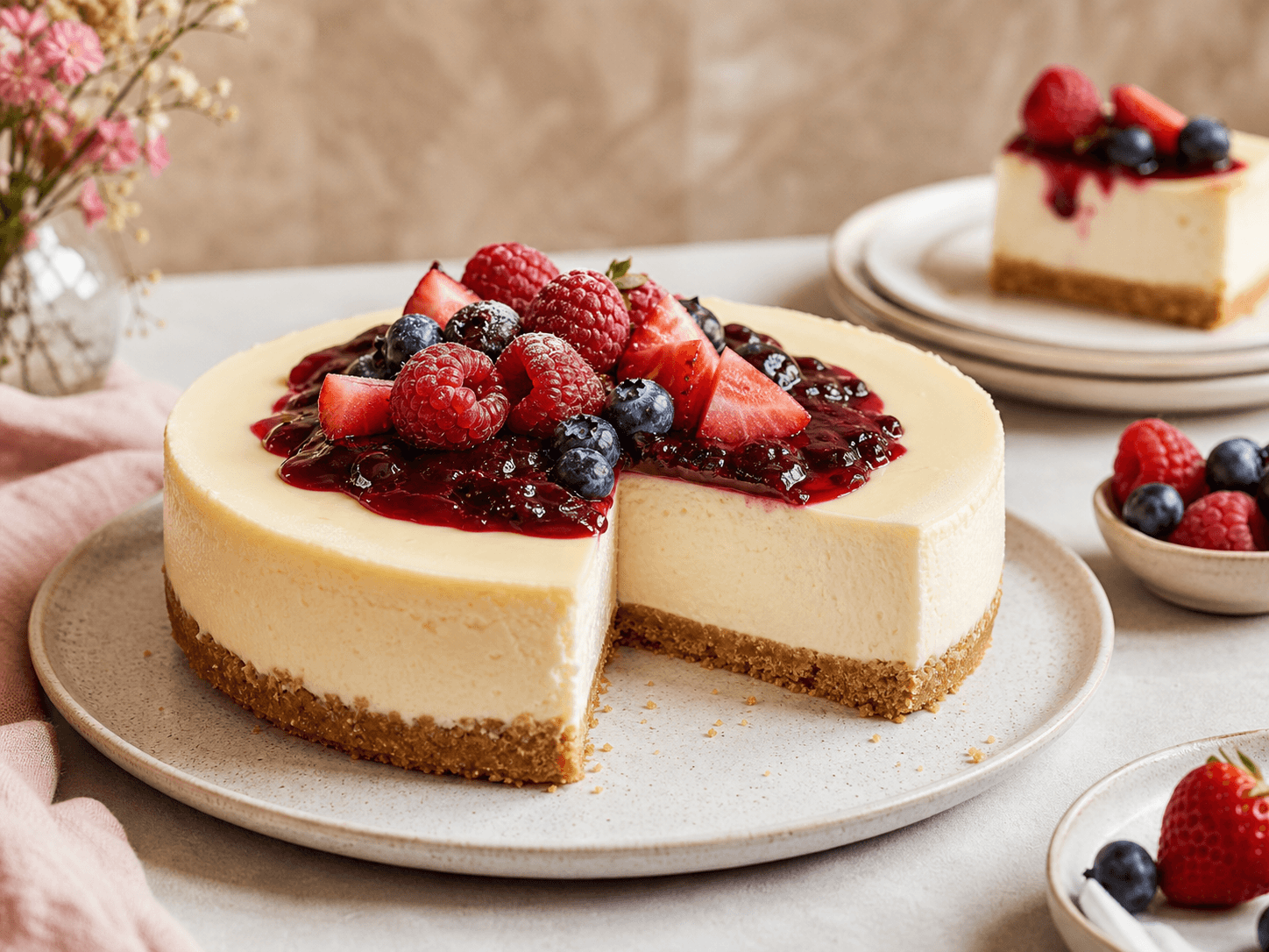 Classic cheesecake topped with berry compote and fresh berries