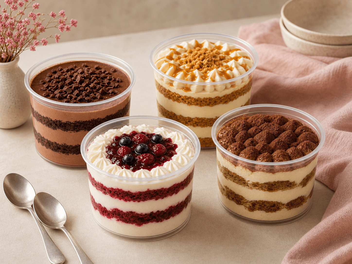 Layered dessert tubs with chocolate, berry, and caramel flavors
