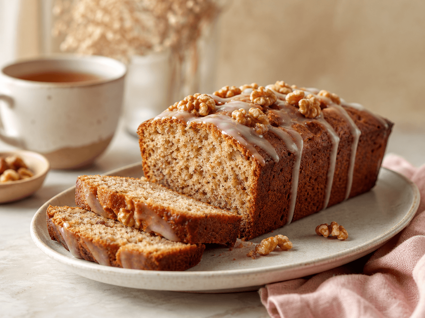 Sliced banana walnut tea cake loaf with glaze
