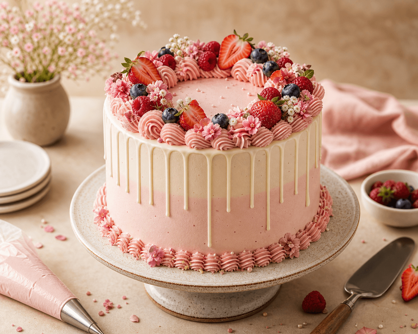 Blush custom celebration cake with berries and floral piping